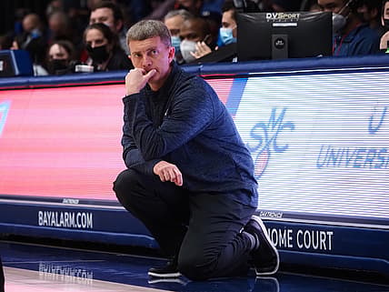 Feb 10, 2022; Moraga, California, USA; San Diego Toreros head coach Sam Scholl looks on from the sideline during the first half against the St. Mary's Gaels at University Credit Union Pavilion. Mandatory Credit: Kelley L Cox-USA TODAY Sports