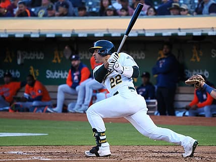 Jul 25, 2022; Oakland, California, USA; Oakland Athletics right fielder Ramon Laureano (22) hits a double against the Houston Astros during the fourth inning at RingCentral Coliseum. Mandatory Credit: Kelley L Cox-USA TODAY Sports