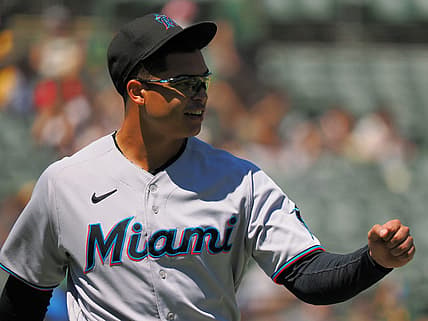 Aug 24, 2022; Oakland, California, USA; Miami Marlins starting pitcher Jesus Luzardo (44) looks to fist bump a teammate after the fourth inning against the Oakland Athletics at RingCentral Coliseum. Mandatory Credit: Kelley L Cox-USA TODAY Sports