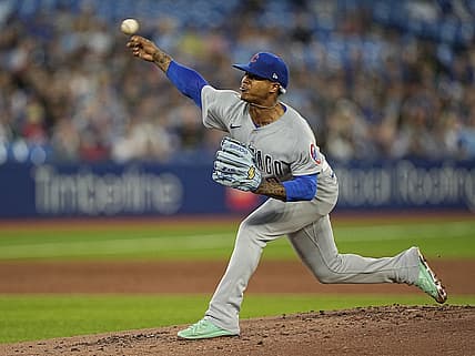 Aug 30, 2022; Toronto, Ontario, CAN; Chicago Cubs starting pitcher Marcus Stroman (0) throws a pitch against the Toronto Blue Jays during the second inning at Rogers Centre. Mandatory Credit: John E. Sokolowski-USA TODAY Sports
