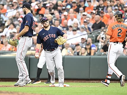 Sep 10, 2022; Baltimore, Maryland, USA;  Boston Red Sox second baseman Christian Arroyo (39) competes the forced out of Baltimore Orioles second baseman Gunnar Henderson (2) during the second inning at Oriole Park at Camden Yards. Mandatory Credit: James A. Pittman-USA TODAY Sports