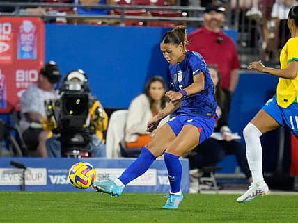 Feb 22, 2023; Frisco, Texas, USA; United States of America forward Trinity Rodman (5) passes the ball Brazil during the first half at Toyota Stadium. Mandatory Credit: Chris Jones-USA TODAY Sports
