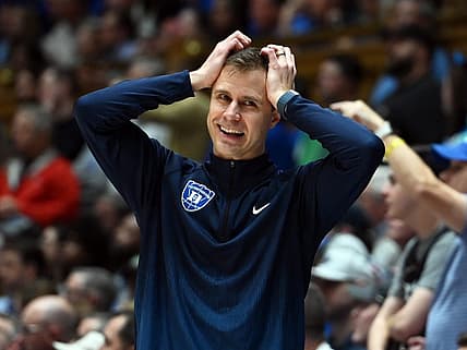 Feb 12, 2024; Durham, North Carolina, USA;  Duke Blue Devils head coach Jon Scheyer reacts during the second half against the Wake Forest Deamon Deacons at Cameron Indoor Stadium. The Blue Devils won 77-69. Mandatory Credit: Rob Kinnan-USA TODAY Sports