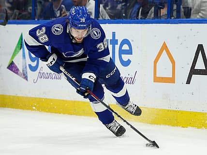 Feb 22, 2024; Tampa, Florida, USA;  Tampa Bay Lightning left wing Brandon Hagel (38) controls the puck against the Washington Capitals in the second period at Amalie Arena. Mandatory Credit: Nathan Ray Seebeck-USA TODAY Sports