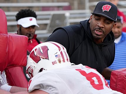 Apr 11, 2023; Madison, WI, USA; Wisconsin defensive line coach Greg Scruggs is shown during practice Tuesday, April 11, 2023 at Camp Randall Stadium in Madison, Wis. Mandatory Credit: Mark Hoffman-USA TODAY Sports