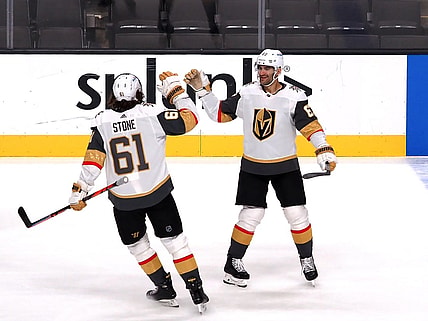 Mar 5, 2021; San Jose, California, USA; Vegas Golden Knights left wing Max Pacioretty (67) celebrates with right wing Mark Stone (61) after scoring the game winning goal against the San Jose Sharks during the overtime period at SAP Center at San Jose. Mandatory Credit: Kelley L Cox-USA TODAY Sports