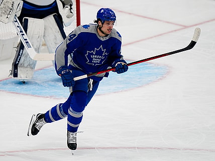 Mar 9, 2021; Toronto, Ontario, CAN; Toronto Maple Leafs forward Auston Matthews (34) skates against the Winnipeg Jets at Scotiabank Arena. Mandatory Credit: John E. Sokolowski-USA TODAY Sports