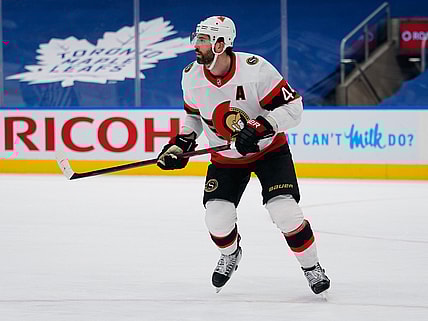 Feb 17, 2021; Toronto, Ontario, CAN; Ottawa Senators defenseman Erik Gudbranson (44) skates against he Toronto Maple Leafs at Scotiabank Arena. Toronto defeated Ottawa 2-1. Mandatory Credit: John E. Sokolowski-USA TODAY Sports