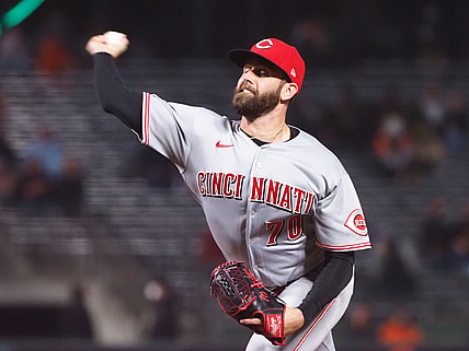 Apr 12, 2021; San Francisco, California, USA; Cincinnati Reds relief pitcher Tejay Antone (70) pitches the ball against the San Francisco Giants during the eighth inning at Oracle Park. Mandatory Credit: Kelley L Cox-USA TODAY Sports