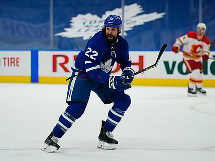 Apr 13, 2021; Toronto, Ontario, CAN; Toronto Maple Leafs defenseman Zach Bogosian (22) skates against the Calgary Flames during the second period at Scotiabank Arena. Mandatory Credit: John E. Sokolowski-USA TODAY Sports