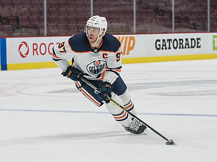 May 3, 2021; Vancouver, British Columbia, CAN;  Edmonton Oilers forward Connor McDavid (97) skates against the Vancouver Canucks in the third period at Rogers Arena. Oilers won 5-3. Mandatory Credit: Bob Frid-USA TODAY Sports