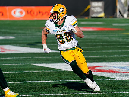 Nov 17, 2019; Hamilton, Ontario, CAN; Edmonton Eskimos wide receiver Greg Ellingson (82) runs a pass pattern against the Hamilton Tiger-Cats during the CFL Eastern Conference Final football game at Tim Hortons Field. Mandatory Credit: John E. Sokolowski-USA TODAY Sports