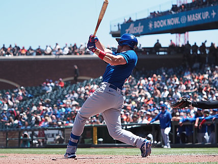 Jun 6, 2021; San Francisco, California, USA; Chicago Cubs third baseman Patrick Wisdom (16) hits a two-run home run against the San Francisco Giants during the fourth inning at Oracle Park. Mandatory Credit: Kelley L Cox-USA TODAY Sports