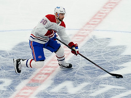 May 20, 2021; Toronto, Ontario, CAN; Montreal Canadiens forward Tomas Tatar (90) carries the puck against the Toronto Maple Leafs during the third period of game one of the first round of the 2021 Stanley Cup Playoffs at Scotiabank Arena. Mandatory Credit: John E. Sokolowski-USA TODAY Sports