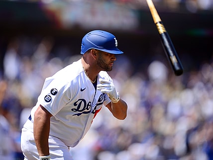 Aug 8, 2021; Los Angeles, California, USA; Los Angeles Dodgers first baseman Albert Pujols (55) hits a two run home run against the Los Angeles Angels during the second inning at Dodger Stadium. Mandatory Credit: Gary A. Vasquez-USA TODAY Sports