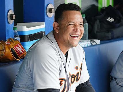 Aug 22, 2021; Toronto, Ontario, CAN; Detroit Tigers designated hitter Miguel Cabrera (24) smiles in the dugout after his solo homerun against the Toronto Blue Jays in the sixth inning at Rogers Centre. The homerun was the 500th of his career. Mandatory Credit: John E. Sokolowski-USA TODAY Sports