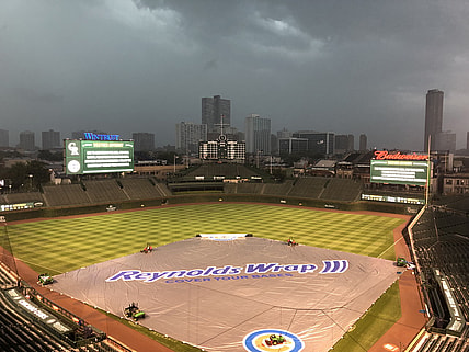 Aug 24, 2021; Chicago, Illinois, USA; The game between the Chicago Cubs and the Colorado Rockies was rained out it will be made up as a doubleheader August 25, 2021 at Wrigley Field. Mandatory Credit: David Banks-USA TODAY Sports