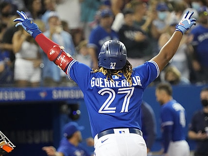 Aug 30, 2021; Toronto, Ontario, CAN; Toronto Blue Jays first baseman Vladimir Guerrero Jr (27) celebrates a solo home run in the fourth inning against the Baltimore Orioles at Rogers Centre. Mandatory Credit: John E. Sokolowski-USA TODAY Sports