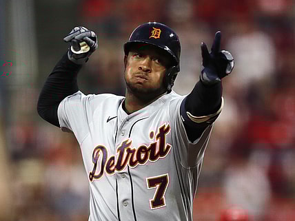Sep 3, 2021; Cincinnati, Ohio, USA; Detroit Tigers second baseman Jonathan Schoop (7) reacts as he runs the bases after hitting a solo home run against the Cincinnati Reds during the third inning at Great American Ball Park. Mandatory Credit: David Kohl-USA TODAY Sports
