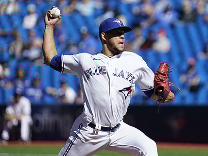 Sep 19, 2021; Toronto, Ontario, CAN; Toronto Blue Jays starting pitcher Jose Berrios (17) pitches to the Minnesota Twins during the second inning at Rogers Centre. Mandatory Credit: John E. Sokolowski-USA TODAY Sports