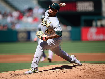 Sep 19, 2021; Anaheim, California, USA; Oakland Athletics starting pitcher Frankie Montas (47) throws against the Los Angeles Angels during the second inning at Angel Stadium. Mandatory Credit: Gary A. Vasquez-USA TODAY Sports