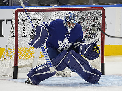 Nov 2, 2021; Toronto, Ontario, CAN; Toronto Maple Leafs goaltender Petr Mrazek (35) makes a save during warm up before a game against the Vegas Golden Knights at Scotiabank Arena. Mandatory Credit: John E. Sokolowski-USA TODAY Sports