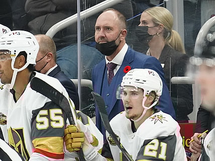 Nov 2, 2021; Toronto, Ontario, CAN; Vegas Golden Knights head coach Peter DeBoer watches the play against the Toronto Maple Leafs at Scotiabank Arena. Mandatory Credit: John E. Sokolowski-USA TODAY Sports