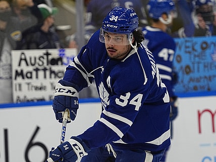 Mar 8, 2022; Toronto, Ontario, CAN;  Toronto Maple Leafs forward Auston Matthews (34) during warm up before a game against the Seattle Kraken at Scotiabank Arena. Mandatory Credit: John E. Sokolowski-USA TODAY Sports