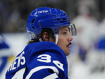 Apr 9, 2022; Toronto, Ontario, CAN; Toronto Maple Leafs forward Auston Matthews (34) looks on during warm up before a game against the Montreal Canadiens at Scotiabank Arena. Mandatory Credit: John E. Sokolowski-USA TODAY Sports