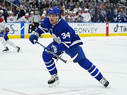 Apr 9, 2022; Toronto, Ontario, CAN; Toronto Maple Leafs forward Auston Matthews (34) skates against the Montreal Canadiens during the first period at Scotiabank Arena. Mandatory Credit: John E. Sokolowski-USA TODAY Sports
