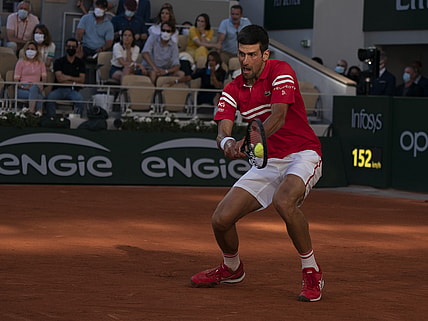 Jun 13, 2021; Paris, France; Novak Djokovic (SRB) in action during the men's final against Stefanos Tsitsipas (GRE) on day 15 of the French Open at Stade Roland Garros. Mandatory Credit: Susan Mullane-USA TODAY Sports