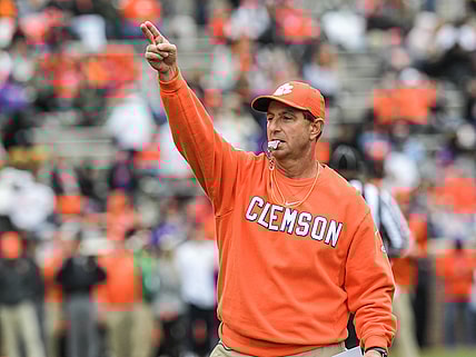 Apr 9, 2022; Clemson, South Carolina, USA; Clemson head coach Dabo Swinney during the first quarter of the 2022 Orange vs White Spring Game at Memorial Stadium. Mandatory Credit: Ken Ruinard-USA TODAY Sports