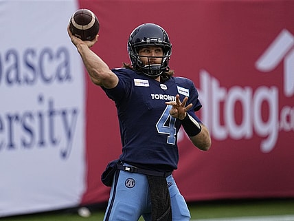 Dec 5, 2021; Toronto, Ontario, CAN; Toronto Argonauts quarterback McLeod Bethel-Thompson (4) throws a pass during warm up before a game against the Hamilton Tiger-Cats during the Canadian Football League Eastern Conference Final game at BMO Field. Mandatory Credit: John E. Sokolowski-USA TODAY Sports