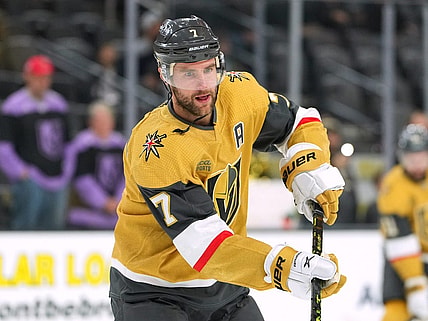 Nov 15, 2022; Las Vegas, Nevada, USA; Vegas Golden Knights defenseman Alex Pietrangelo (7) warms up before a game against the San Jose Sharks at T-Mobile Arena. Mandatory Credit: Stephen R. Sylvanie-USA TODAY Sports