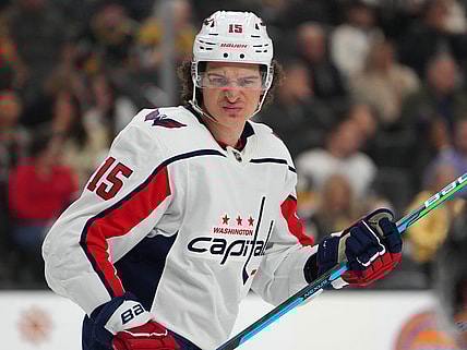 Jan 21, 2023; Las Vegas, Nevada, USA; Washington Capitals left wing Sonny Milano (15) skates against the Vegas Golden Knights during the first period at T-Mobile Arena. Mandatory Credit: Stephen R. Sylvanie-USA TODAY Sports