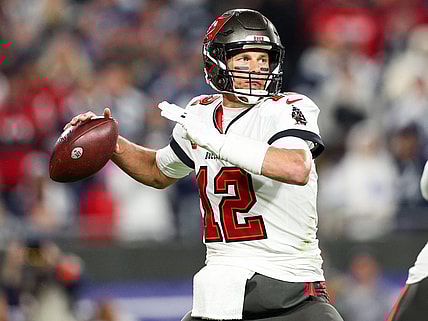 Jan 16, 2023; Tampa, Florida, USA; Tampa Bay Buccaneers quarterback Tom Brady (12) drops back to pass against the Dallas Cowboys in the third quarter during a wild card game at Raymond James Stadium. Mandatory Credit: Nathan Ray Seebeck-USA TODAY Sports