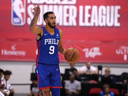 Jul 16, 2022; Las Vegas, NV, USA; Philadelphia 76ers guard Trevelin Queen (9) dribbles against the Chicago Bulls during an NBA Summer League game at Cox Pavillion. Mandatory Credit: Stephen R. Sylvanie-USA TODAY Sports