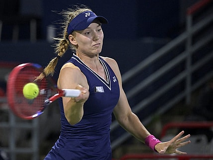 Aug 8, 2023; Montreal, Quebec, Canada; Elena Rybakina (KAZ) hits a forehand against Jennifer Brady (USA) (not pictured) during second round play at IGA Stadium. Mandatory Credit: Eric Bolte-USA TODAY Sports