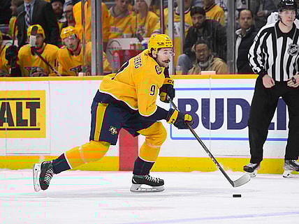 Jan 24, 2023; Nashville, Tennessee, USA;  Nashville Predators left wing Filip Forsberg (9) skates against the Winnipeg Jets during the third period at Bridgestone Arena. Mandatory Credit: Steve Roberts-USA TODAY Sports