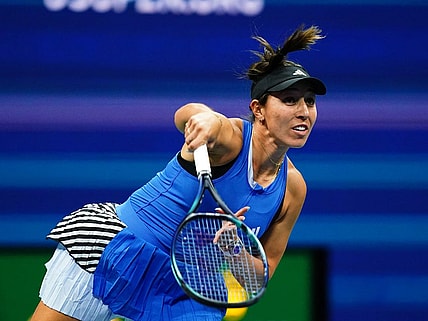 Aug 31, 2023; Flushing, NY, USA;   Jessica Pegula of the United States serves against Patricia Maria Tig of Romania on day four of the 2023 U.S. Open tennis tournament at the USTA Billie Jean King National Tennis Center. Mandatory Credit: Jerry Lai-USA TODAY Sports