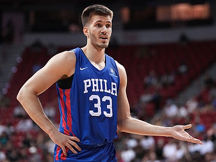 Jul 10, 2022; Las Vegas, NV, USA; Philadelphia 76ers forward Filip Petrusev (33) reacts during an NBA Summer League game against the Brooklyn Nets at T&M. Mandatory Credit: Stephen R. Sylvanie-USA TODAY Sports