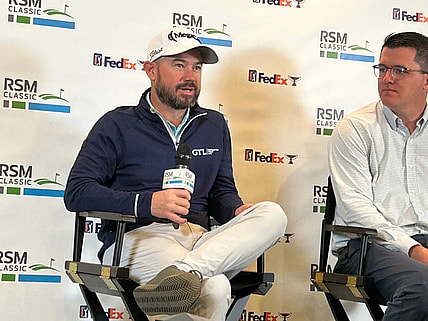 British Open champion Brian Harman (left) ponders a question during a news conference on Tuesday at the Sea Island Club on St. Simons Island, Ga., the site of this week's RSM Classic.