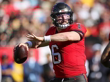 Dec 31, 2023; Tampa, Florida, USA;  Tampa Bay Buccaneers quarterback Baker Mayfield (6) drops back to pass against the New Orleans Saints in the fourth quarter at Raymond James Stadium. Mandatory Credit: Nathan Ray Seebeck-USA TODAY Sports