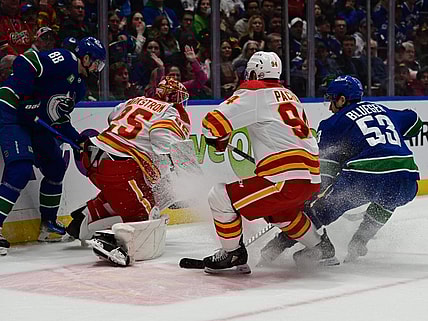 Mar 23, 2024; Vancouver, British Columbia, CAN; Vancouver Canucks forward Nils Aman (88) checks Calgary Flames goaltender Jacob Markstrom (25) during the first period at Rogers Arena. Mandatory Credit: Simon Fearn-USA TODAY Sports
