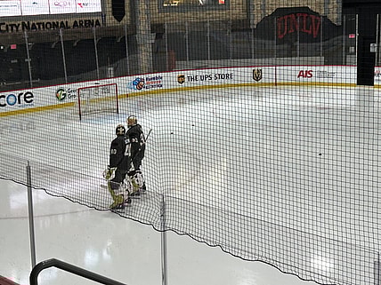Vegas Golden Knights goaltenders Adin Hill and Akira Schmid
