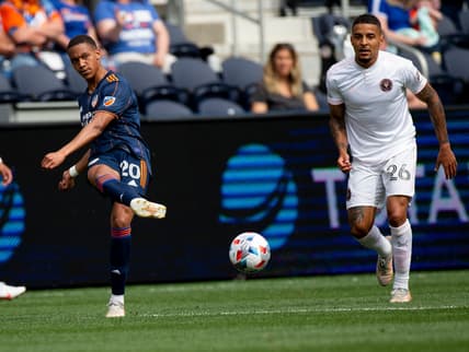 FC Cincinnati forward Calvin Harris (20) passes the ball in the first half of the MLS match between FC Cincinnati and Inter Miami at TQL Stadium in Cincinnati on Sunday, May 16, 2021. The match is FC Cincinnati first match at the newly completed TQL Stadium and first home match of the 2021 season.

Inter Miami At Fc Cincinnati 61