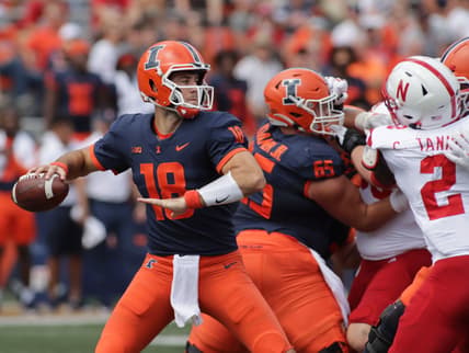 Aug 28, 2021; Champaign, Illinois, USA;  Illinois quarterback Brandon Peters (18) throws a pass in the first half against the Nebraska Cornhuskers at Memorial Stadium. Mandatory Credit: Ron Johnson-USA TODAY Sports