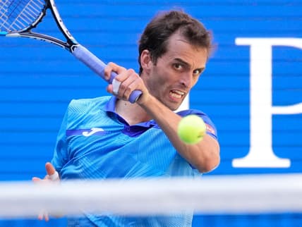 Sep 2, 2021; Flushing, NY, USA; Albert Ramos-Vinolas of Spain hits to Alexander Zverev of Germany on day four of the 2021 U.S. Open tennis tournament at USTA Billie King National Tennis Center. Mandatory Credit: Robert Deutsch-USA TODAY Sports