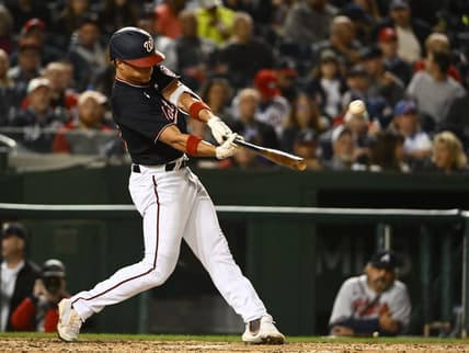 Sep 28, 2022; Washington, District of Columbia, USA; Washington Nationals left fielder Alex Call (62) singles against the Atlanta Braves during the fourth inning at Nationals Park. Mandatory Credit: Brad Mills-USA TODAY Sports