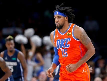 Thunder forward Derrick Favors (15) reacts after a 3-point basket against the Mavericks on Dec. 12 at Paycom Center.

Thunder Mavericks